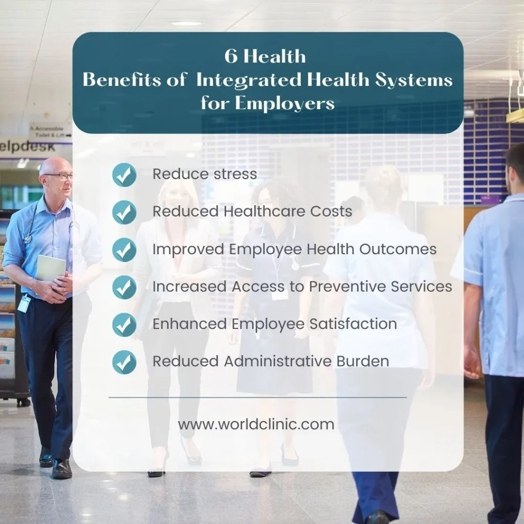 Visual highlighting six employer benefits of integrated health systems