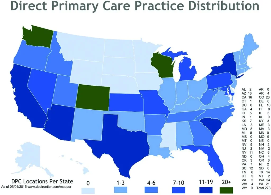 Figure illustrating the distribution of direct primary care practices across the United States.